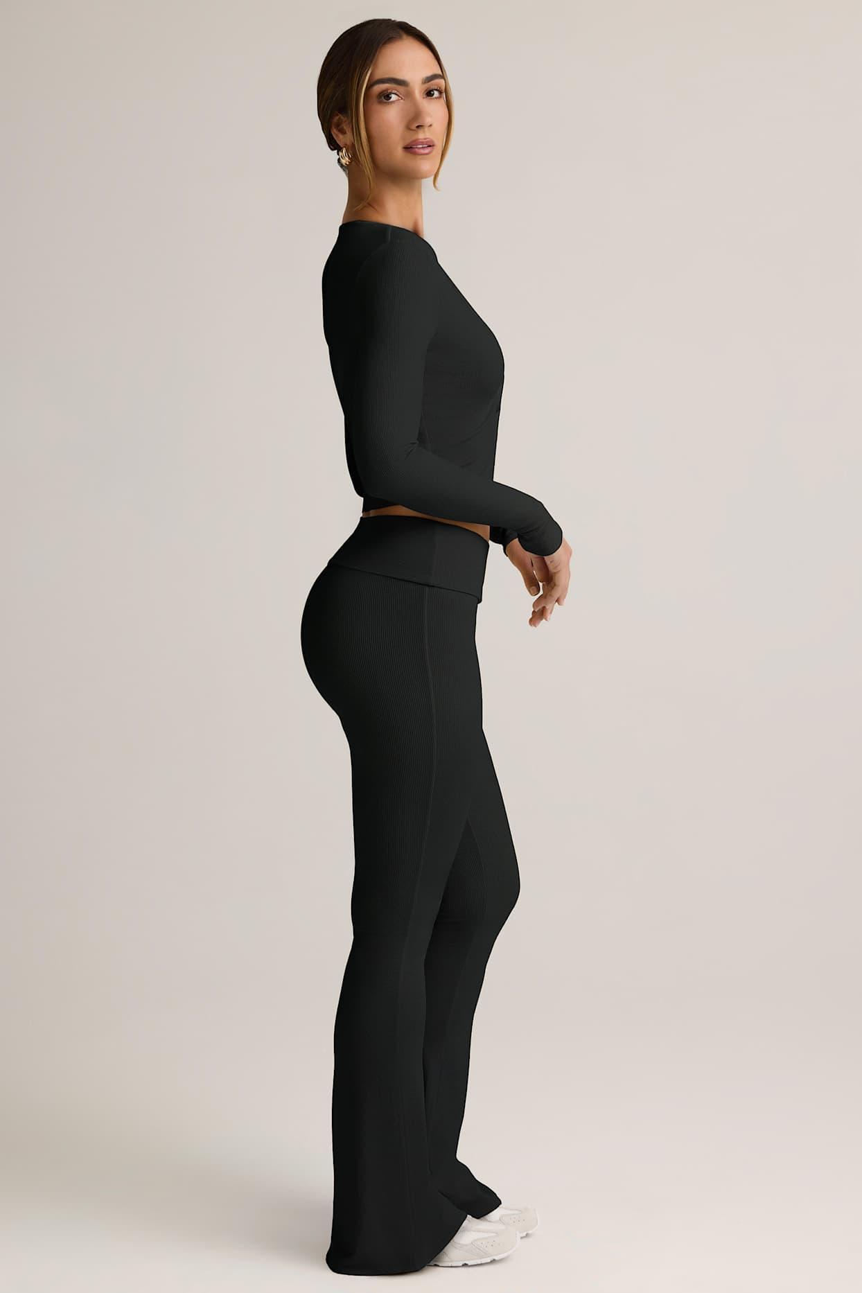 Modal Ribbed Foldover Flared Trousers in Black Product Image