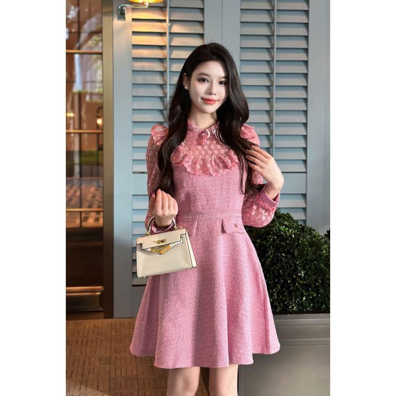 Long-Sleeve Crewneck Mesh Panel Mini A-Line Dress Product Image