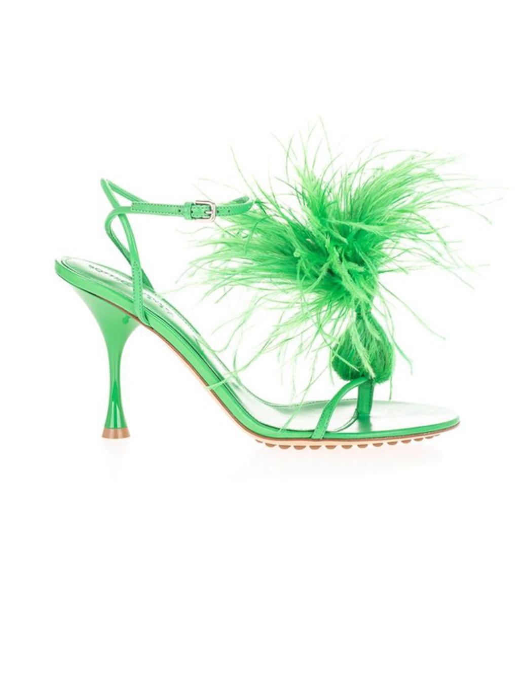 BOTTEGA VENETA Elegant Green Leather Sandals With Ostrich Feather Detail And Adjustable Ankle Strap For Women Product Image