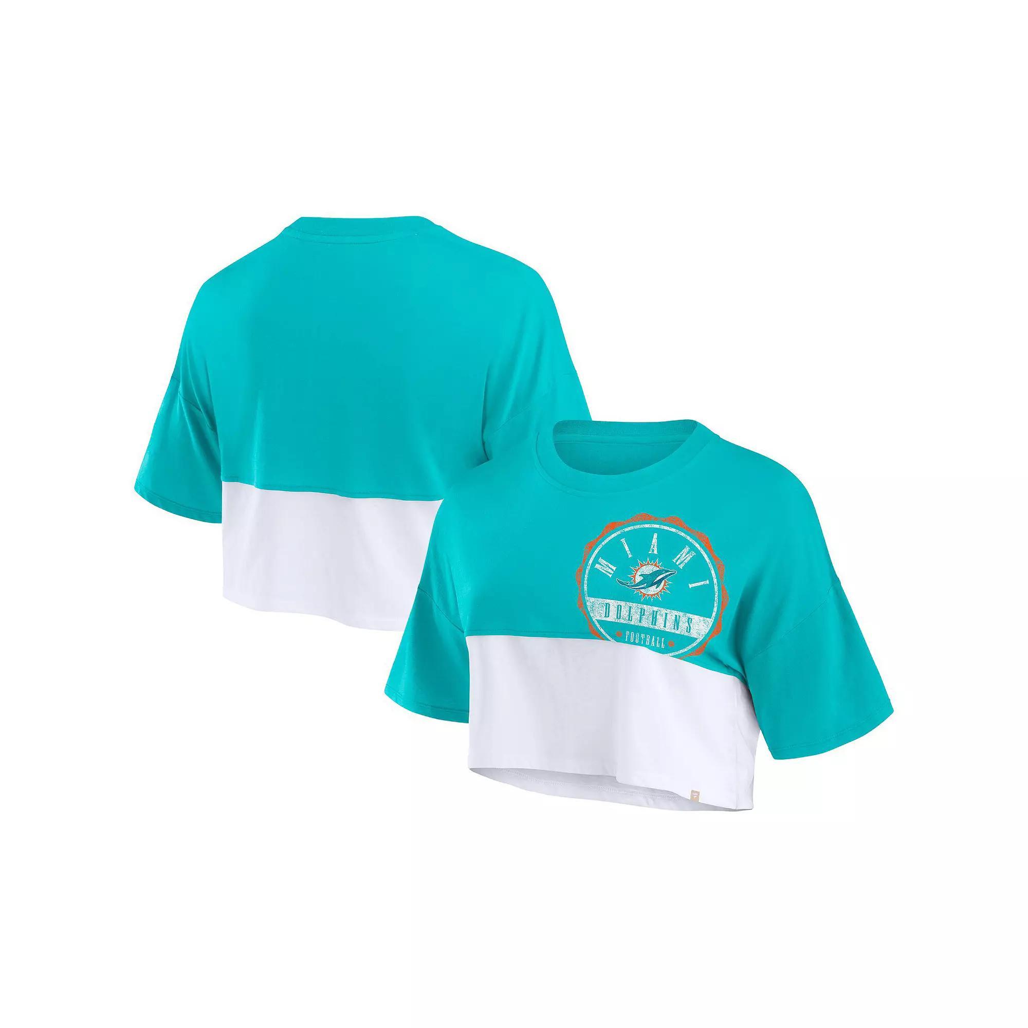 Women's Fanatics Aqua/White Miami Dolphins Boxy Color Split Cropped T-Shirt,  Product Image