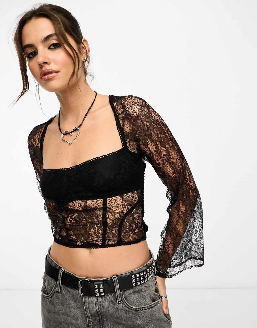 Reclaimed Vintage long sleeve lace corset top-Black Product Image