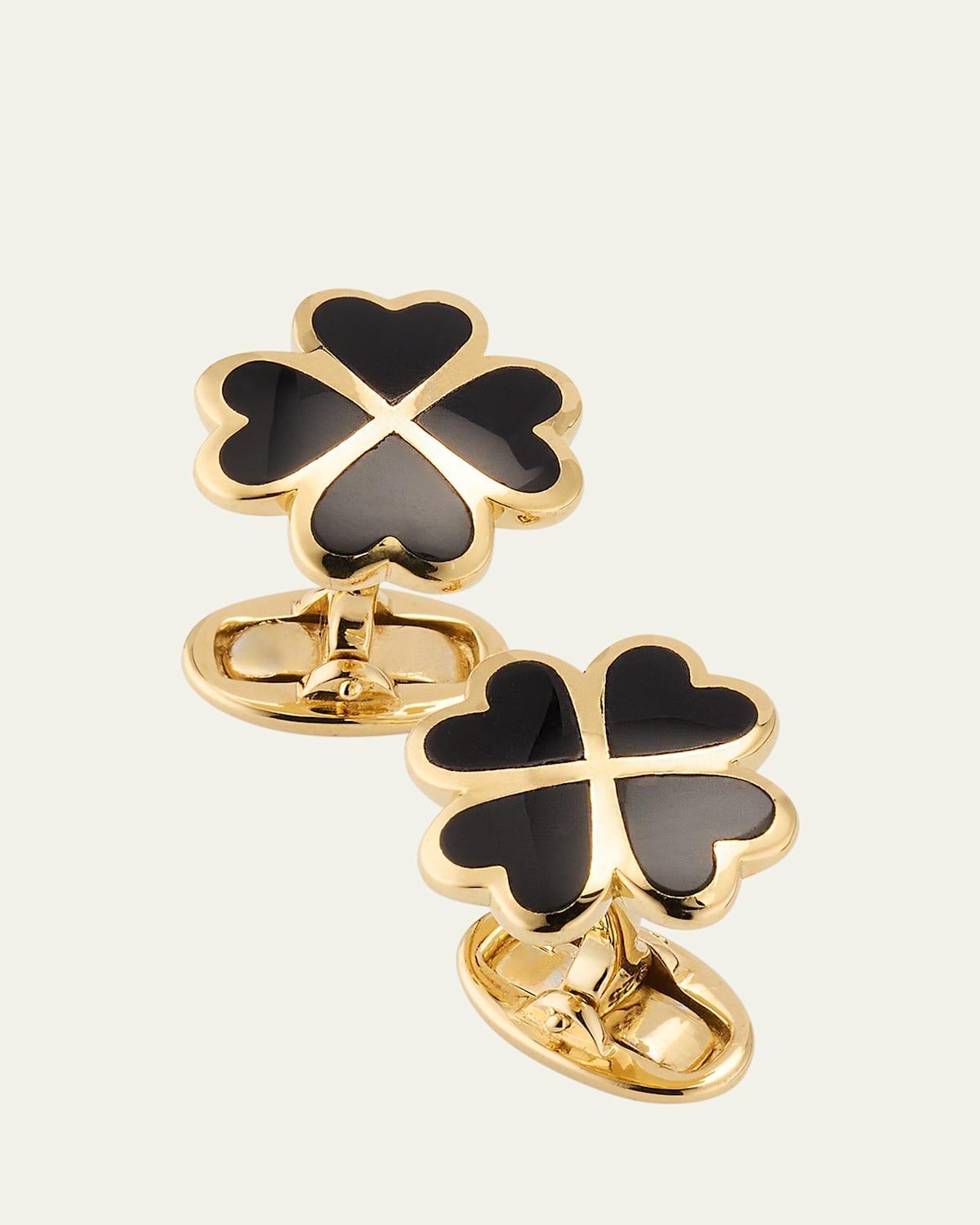 Mens 18K Gold Vermeil Black Onyx Four Leaf Clover Cufflinks Product Image