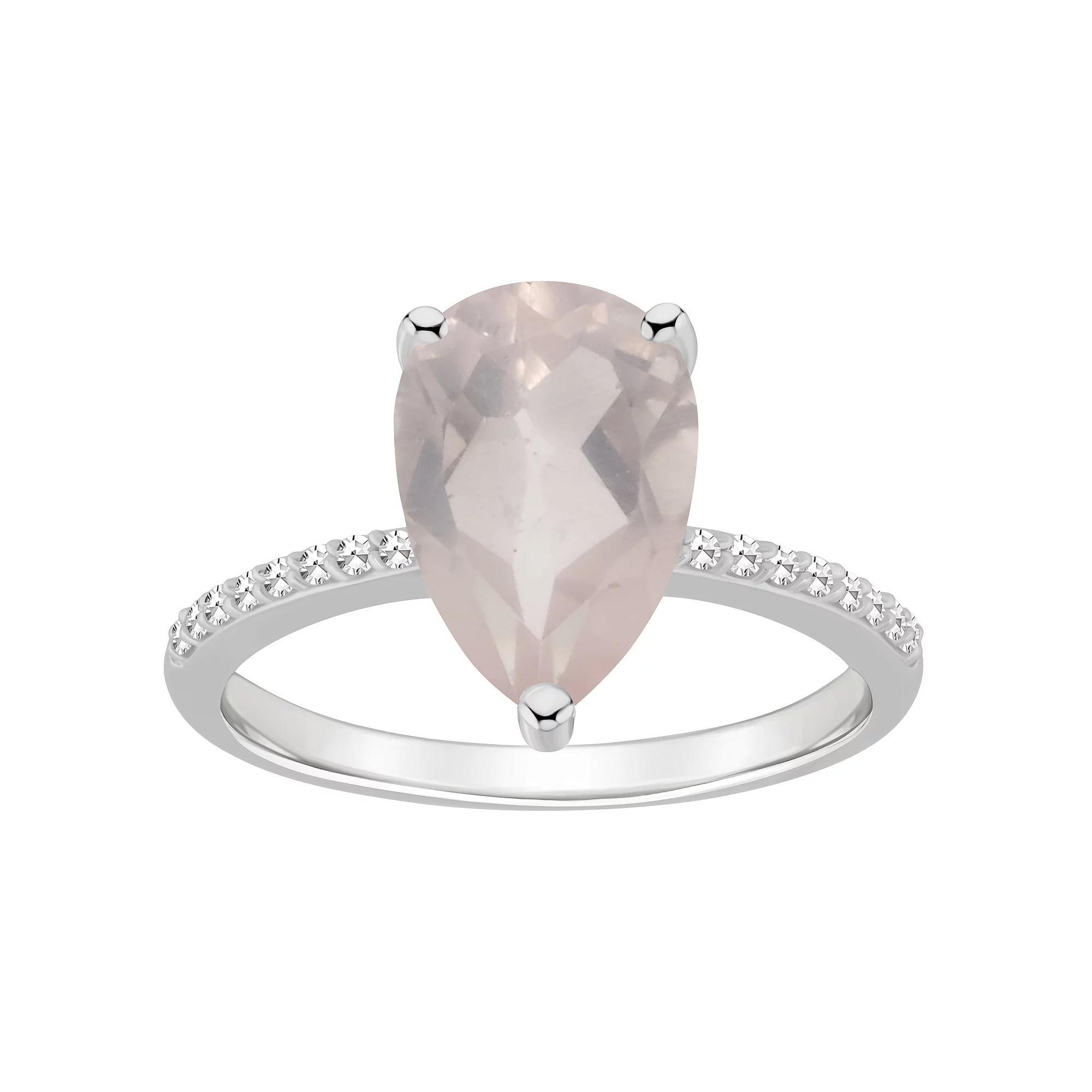 Alyson Layne Sterling Silver 10 mm x 8 mm Pear Shape Gemstone & 1/10 Carat T.W. Diamond Ring, Women's, Size: 6, Pink Quartz Product Image