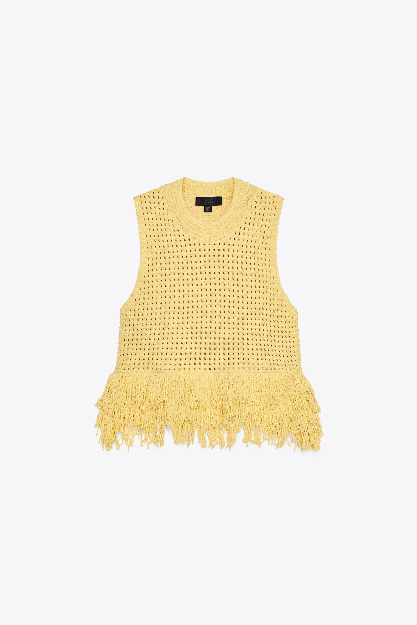 FRINGED CHECKERED KNIT TOP Product Image