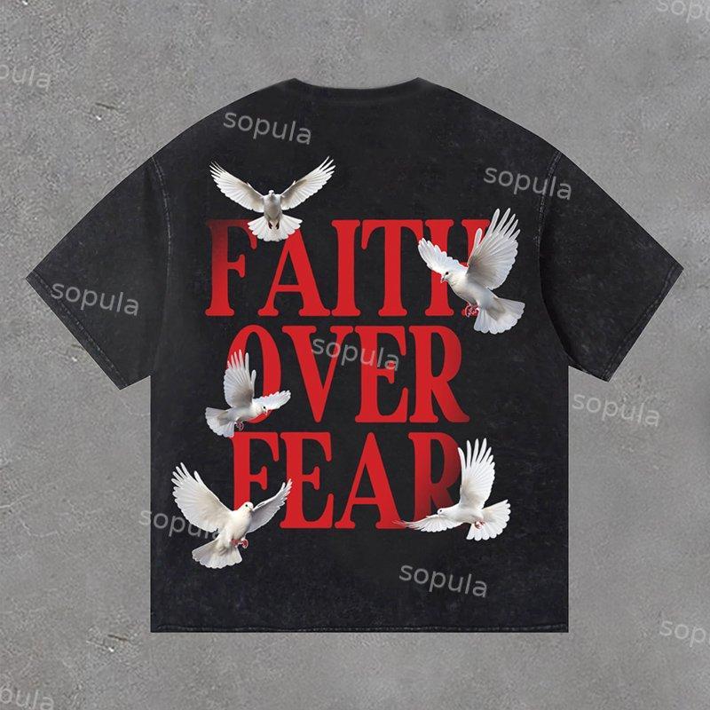 Sopula Vintage Washed Faith Over Fear Print Short Sleeve T-Shirt Product Image
