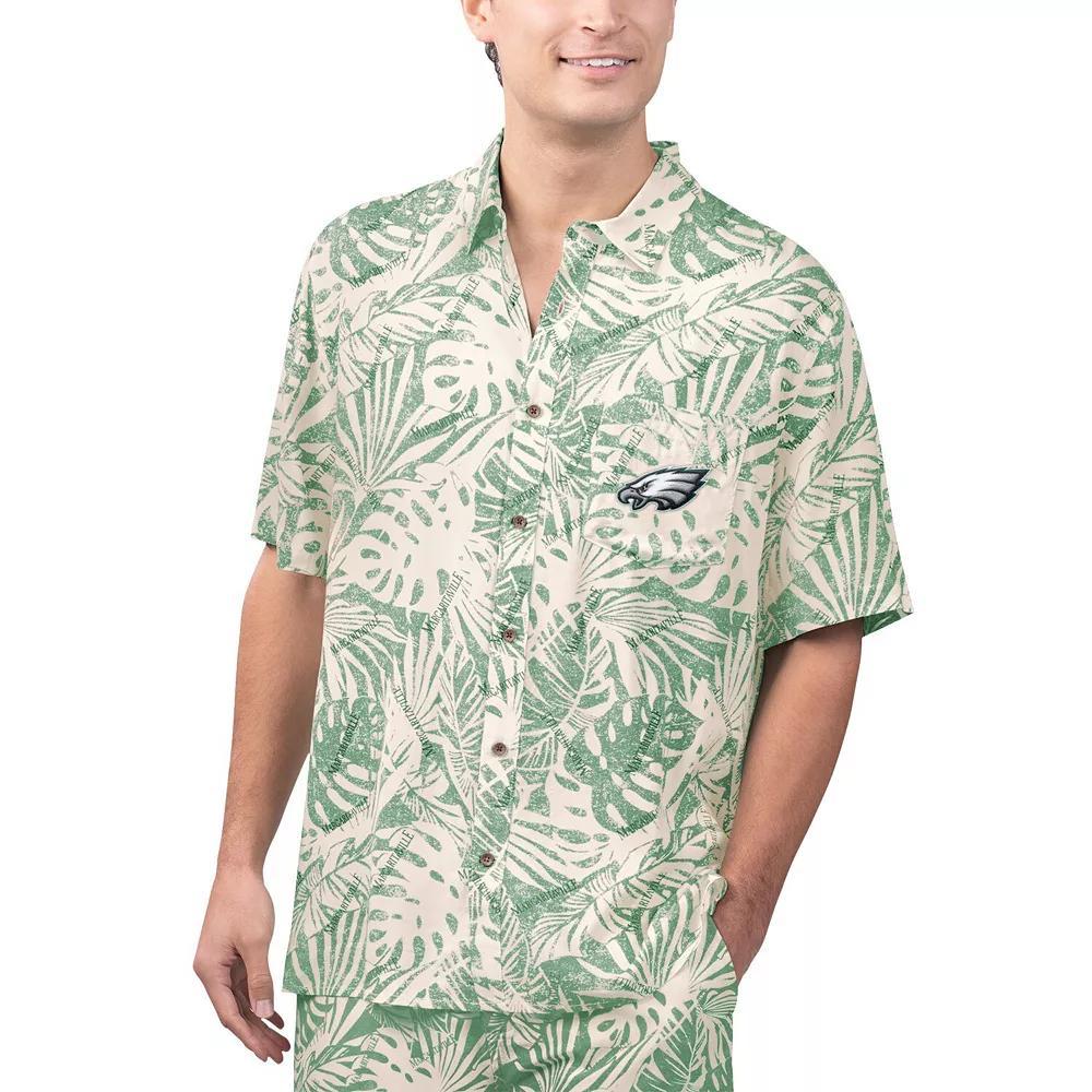 Men's Margaritaville Tan Philadelphia Eagles Sand Washed Monstera Print Party Button-Up Shirt, Size: Medium, Team Product Image