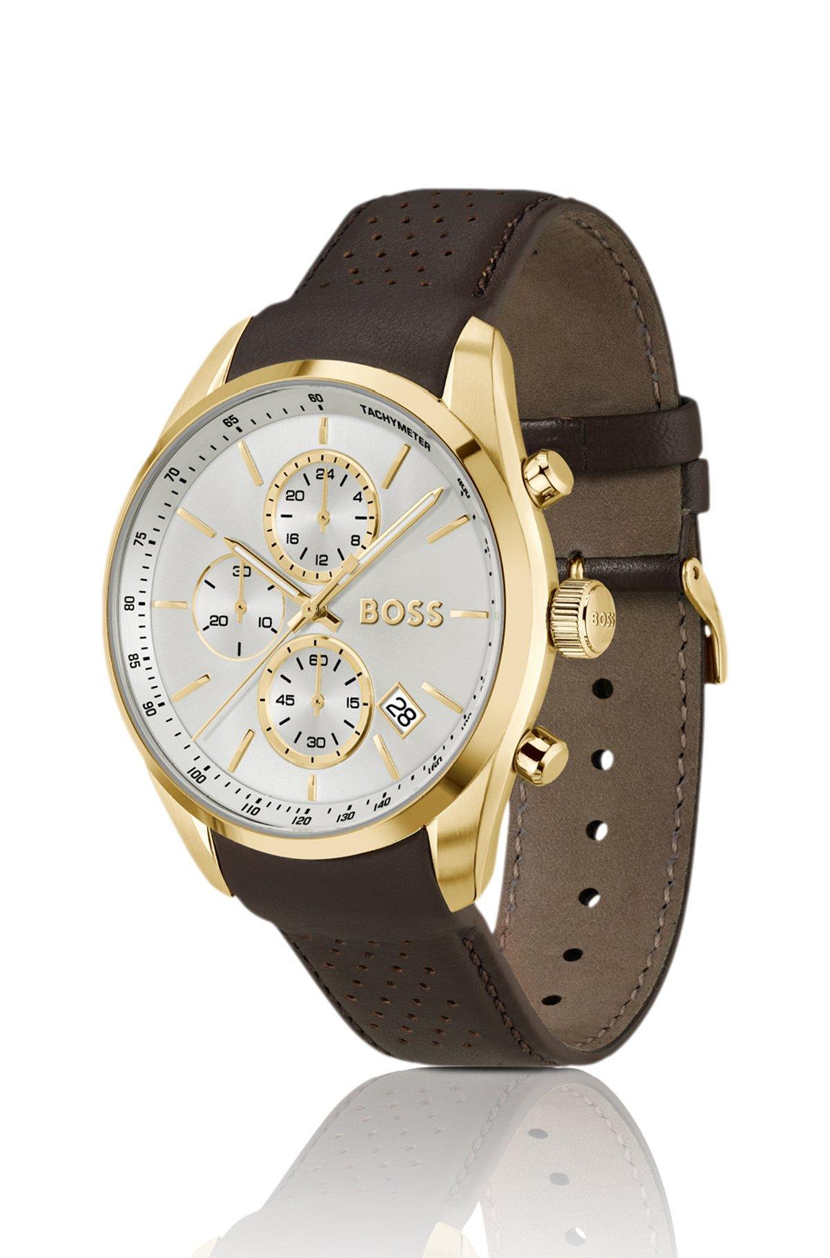 Gold-tone chronograph watch with perforated leather strap Product Image