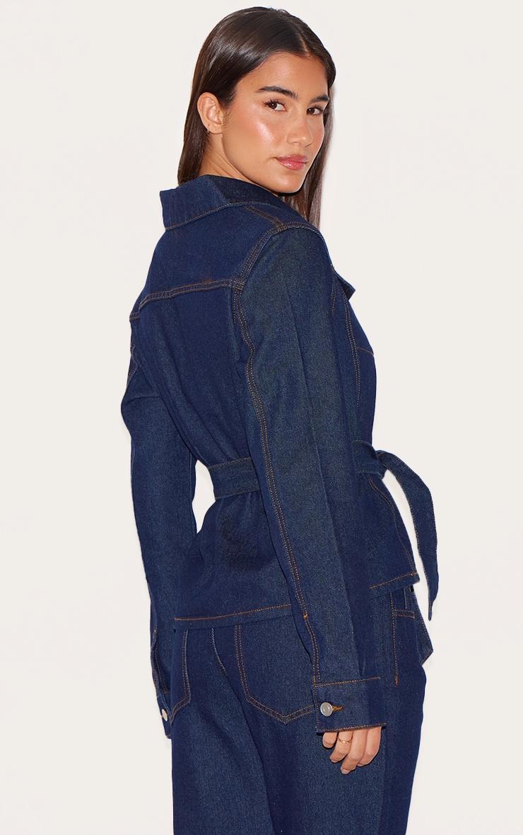  Indigo Contrast Stitch Longline Belted Denim Jacket Product Image