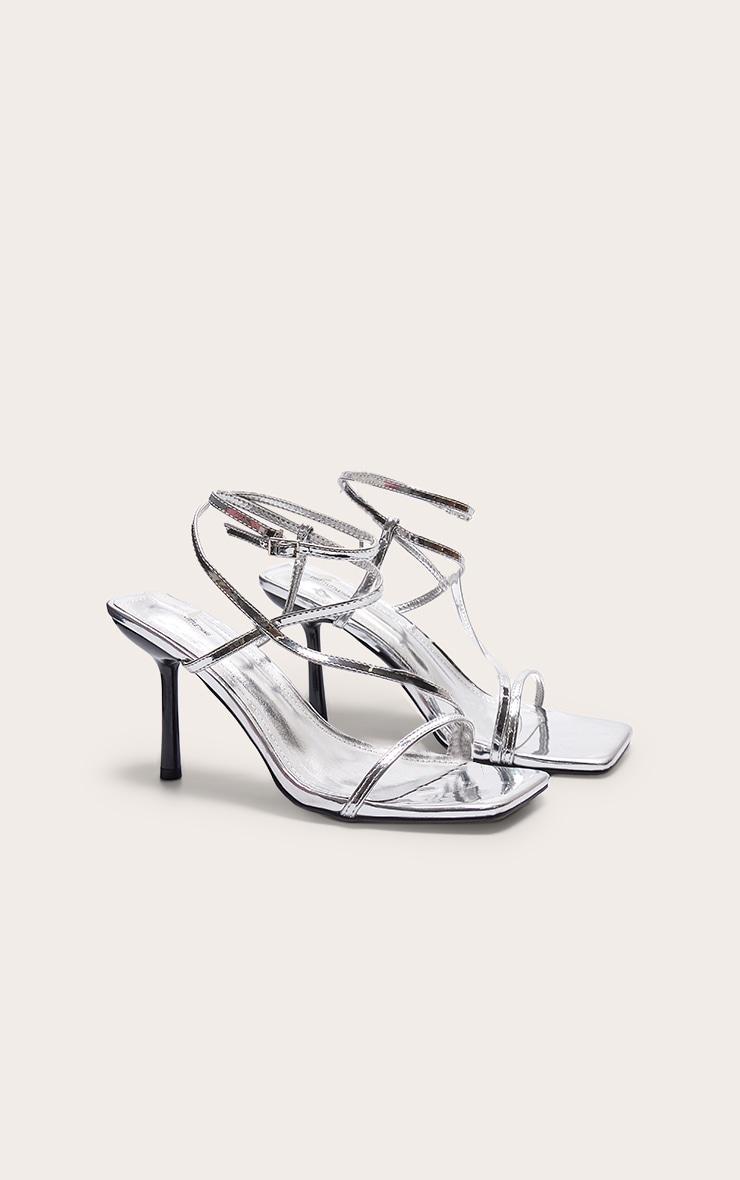 Silver Metallic PU Square Toe Asymmetric Strap Barely There Heeled Sandals Product Image