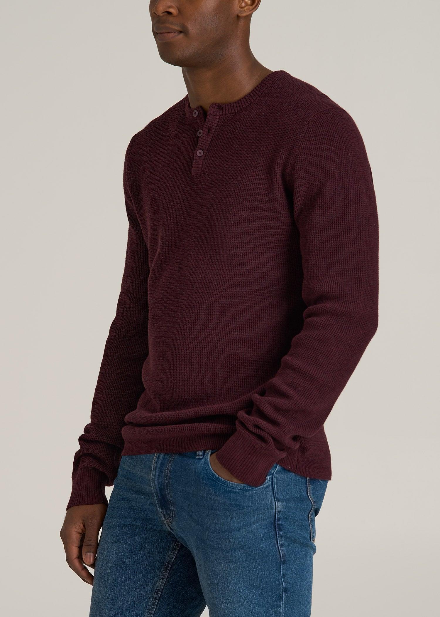 Waffle Knit Henley Sweater for Tall Men in Burgundy Mix Male Product Image