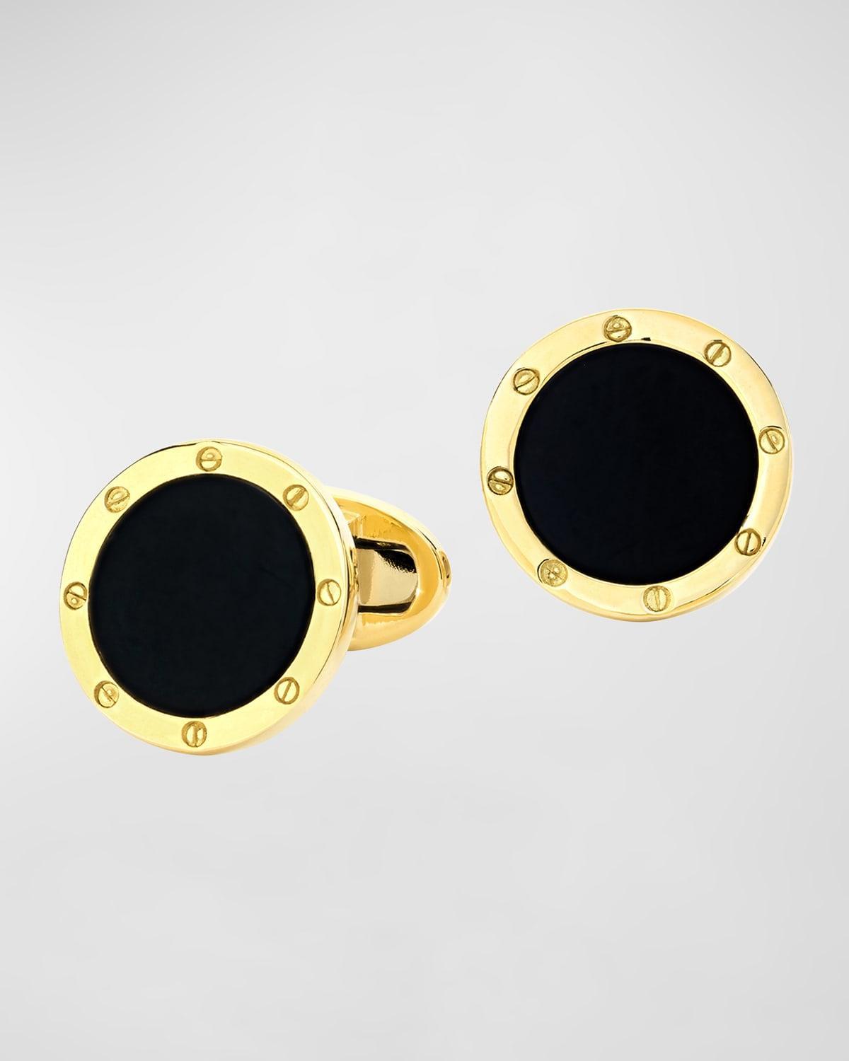 Mens 18K Gold & Onyx Rivet Etch Cufflinks Product Image