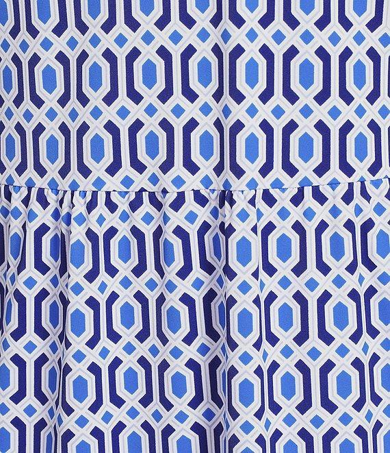 Jude Connally Terrace Geo Border Print Jude Cloth Stretch Knit V-Neck Short Puff Sleeve A-Line Tiered Midi Dress Product Image
