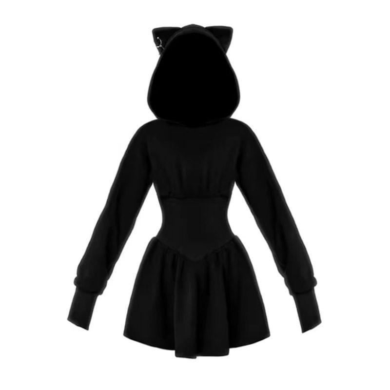 Long Sleeve Plain Ear Detail Mini A-Line Hoodie Dress Product Image