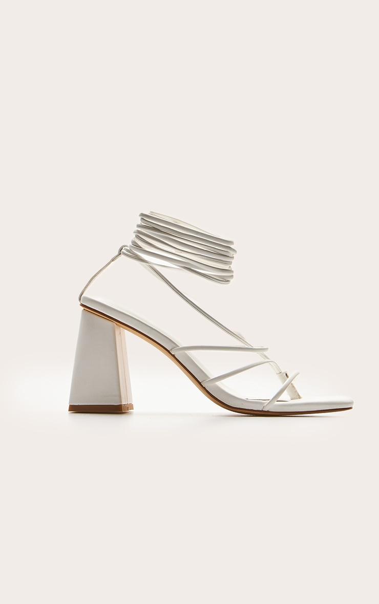 White Pu Square Toe Thong Strappy Lace Up Block Heeled Sandals Product Image