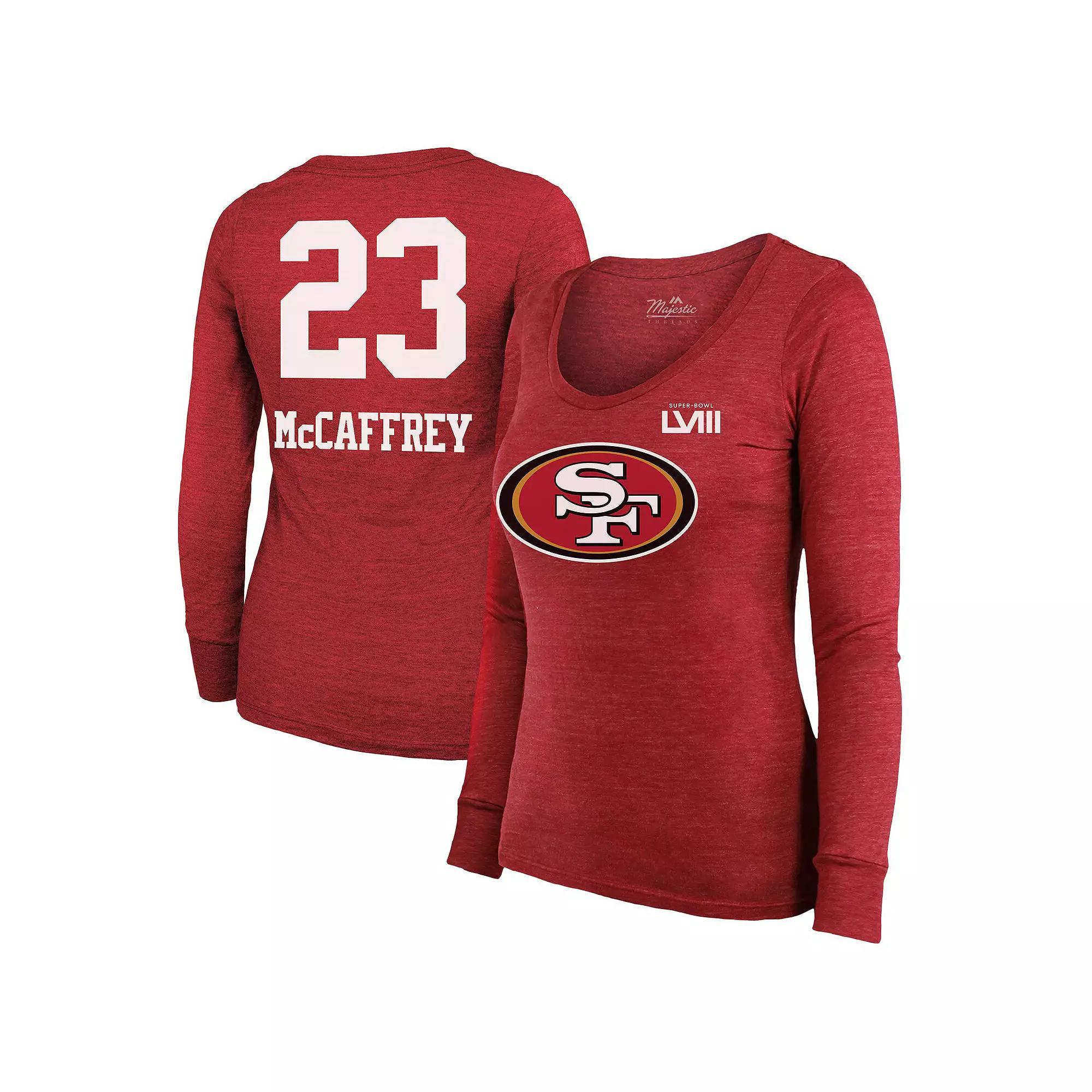 Women's Majestic Threads Christian McCaffrey Scarlet San Francisco 49ers Super Bowl LVIII Scoop Name & Number Tri-Blend Long Sleeve T-Shirt, Size: Large, Red Product Image