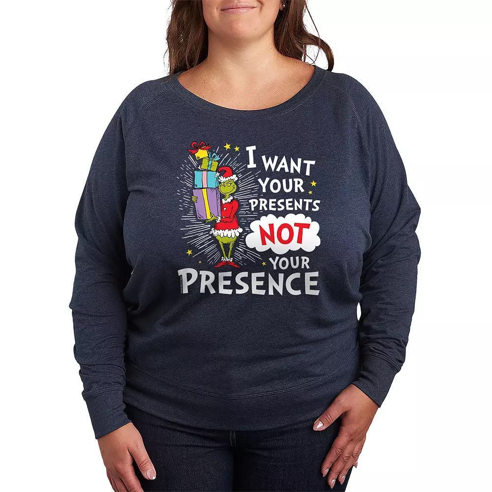 Plus Size Dr. Seuss The Grinch Presents Not Presence French Terry Long Sleeve Tee, Women's, Size: 4XL, Grey Indigo Product Image