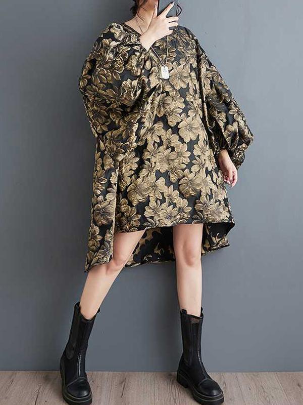 A-Line High-Low Elasticity Flower Print Jacquard Round-Neck Midi Dresses Product Image