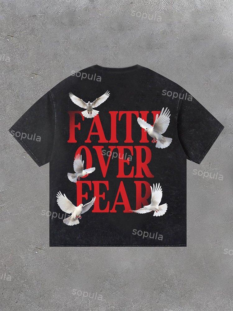 Sopula Vintage Washed Faith Over Fear Print Short Sleeve T-Shirt Product Image