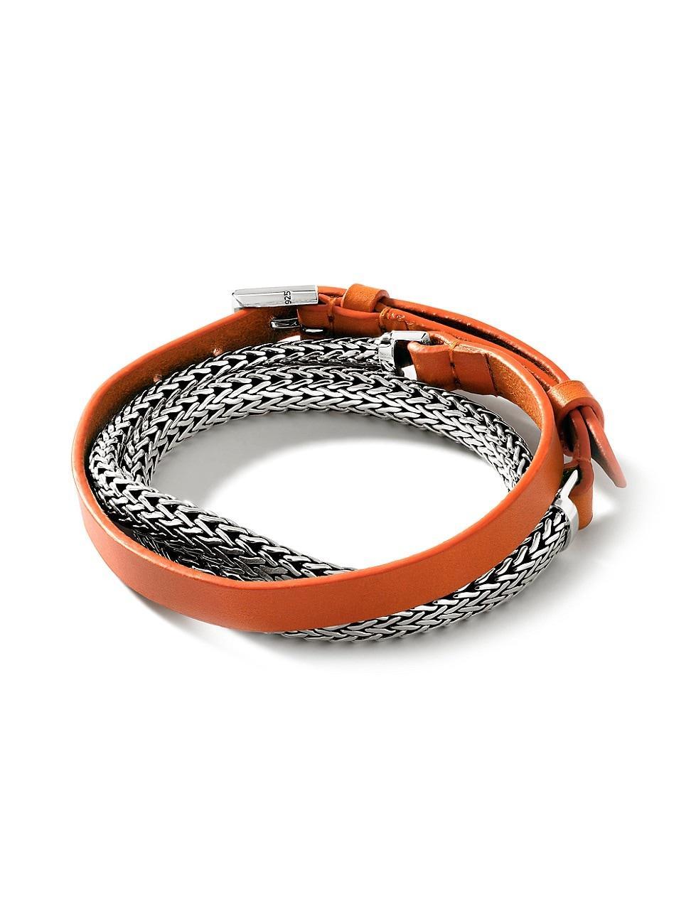 Womens Classic Chain Sterling Silver & Leather Triple-Wrap Bracelet Product Image