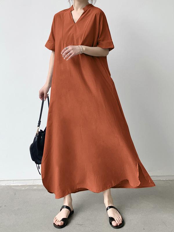 Loose Short Sleeves Solid Color V-Neck Maxi Dresses Product Image