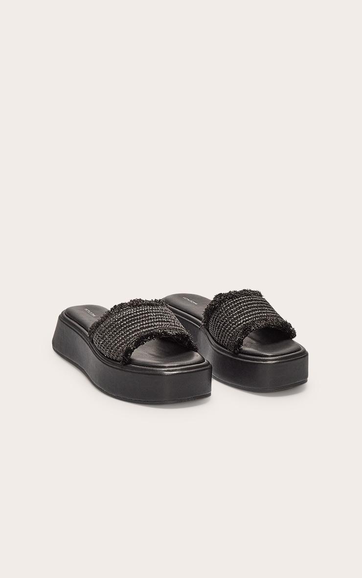 Black Raffia Fake Stack Round Toe Flatform Sandals Product Image