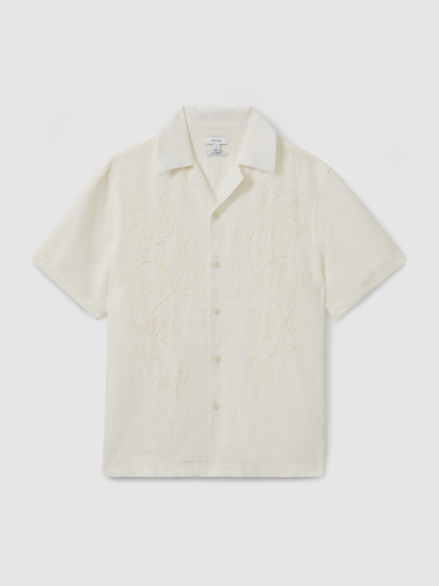 Linen Embroidered Cuban Collar Shirt in White Product Image