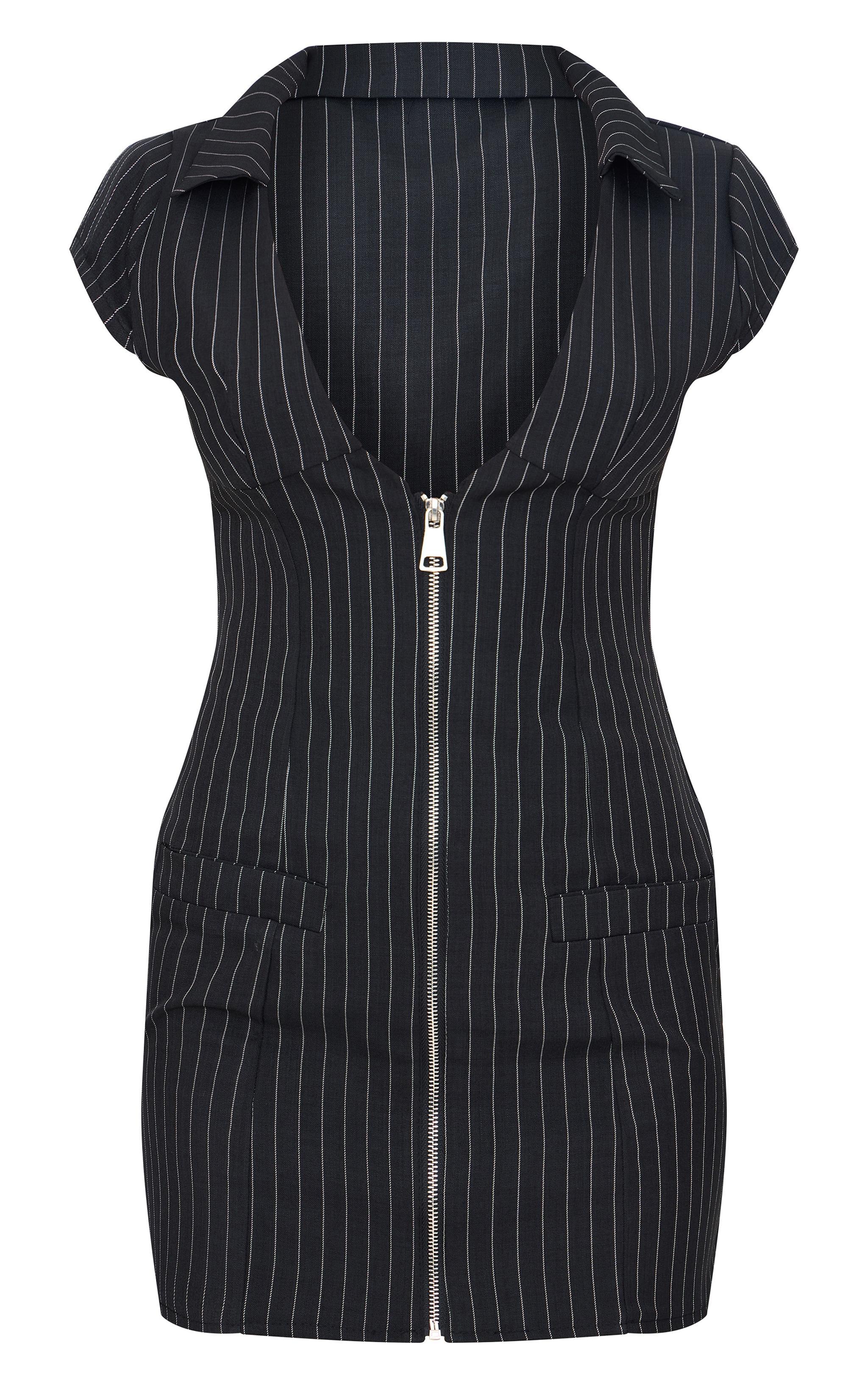  Black Pinstripe Pocket Detail Zip Up Mini Dress Product Image