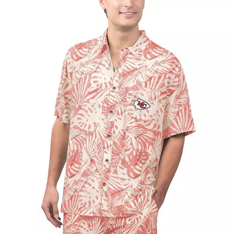Men's Margaritaville Tan San Francisco 49ers Sand Washed Monstera Print Party Button-Up Shirt, Size: Large, Team Product Image