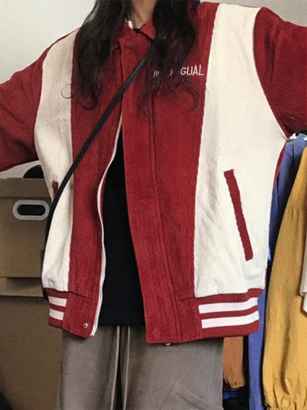 Corduroy Color Block Splice Embroidery Jacket Product Image