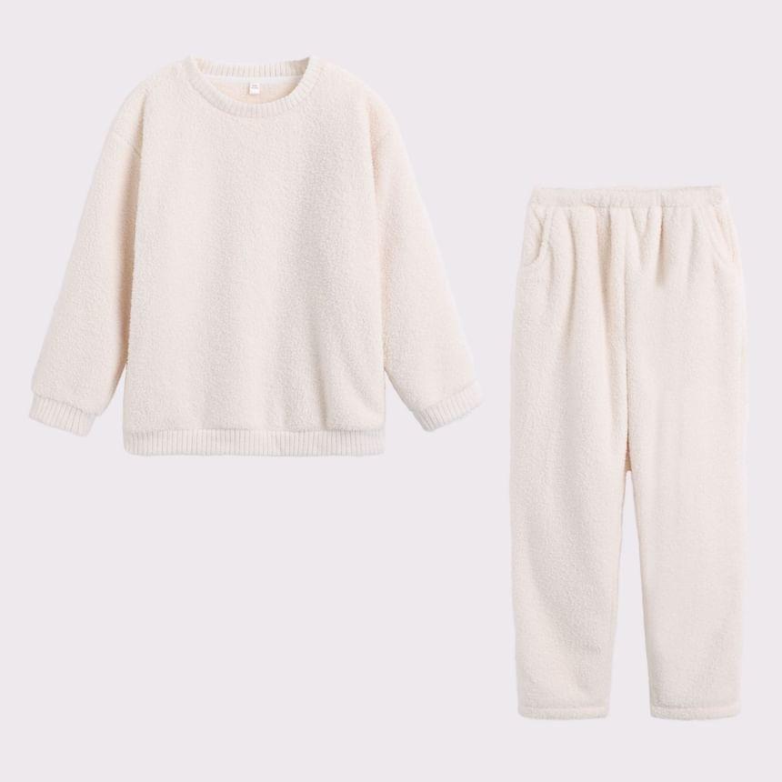 Couple Matching Pajama Set: Crew Neck Plain Fleece Sweatshirt + Pants Product Image