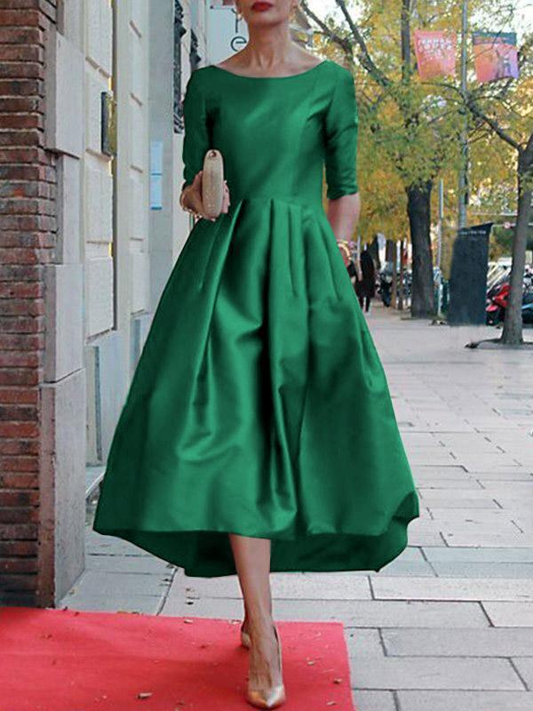 A-Line Loose Pleated Pockets Solid Color Split-Joint Round-Neck Midi Dresses Product Image