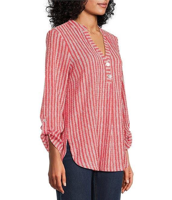 Ruby Rd. Crinkle Knit Stripe V-Neck Long Roll-Tab Sleeve Henley Top Product Image