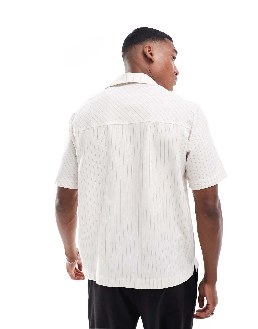 The Couture Club patchwork stripe resort shirt in off white Product Image