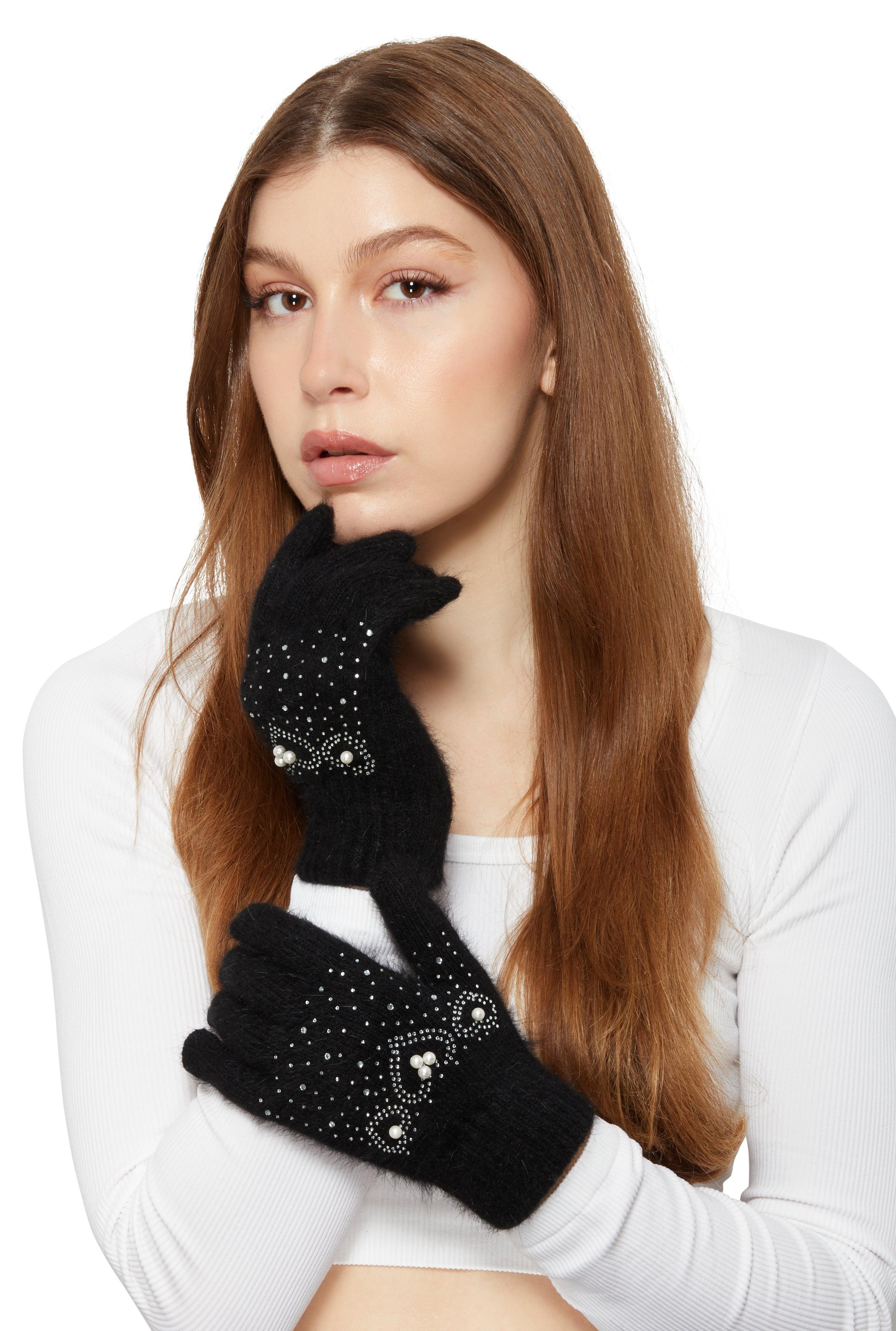 Rhinestone Faux Pearl Studded Wool Gloves Female Product Image