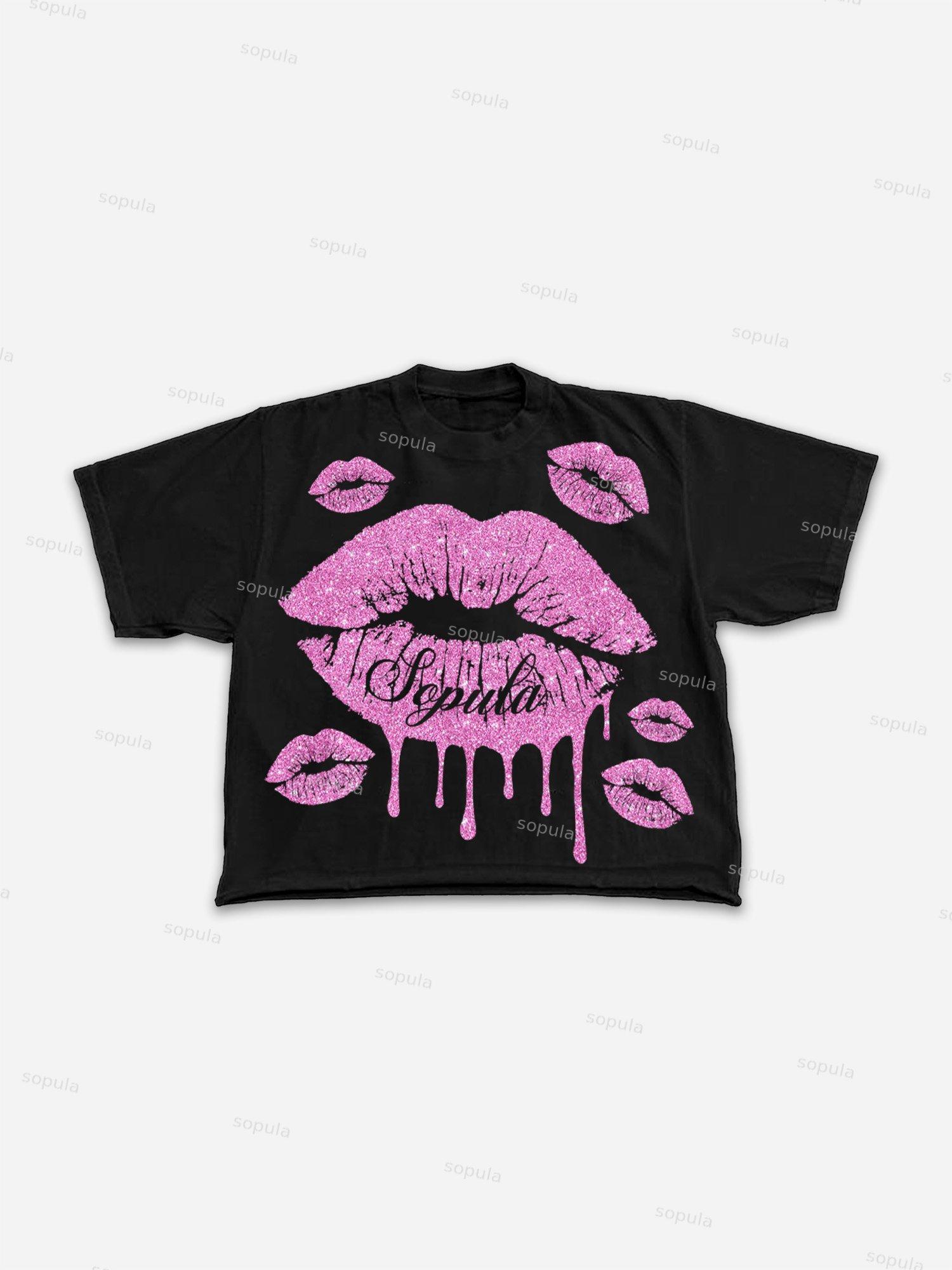 Glitter Fluid Lips Graphic Cropped T-shirt Product Image