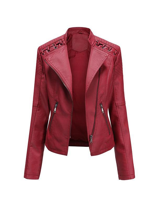 Long Sleeves Split-Joint Zipper Mock Neck PU Jackets Outerwear Product Image
