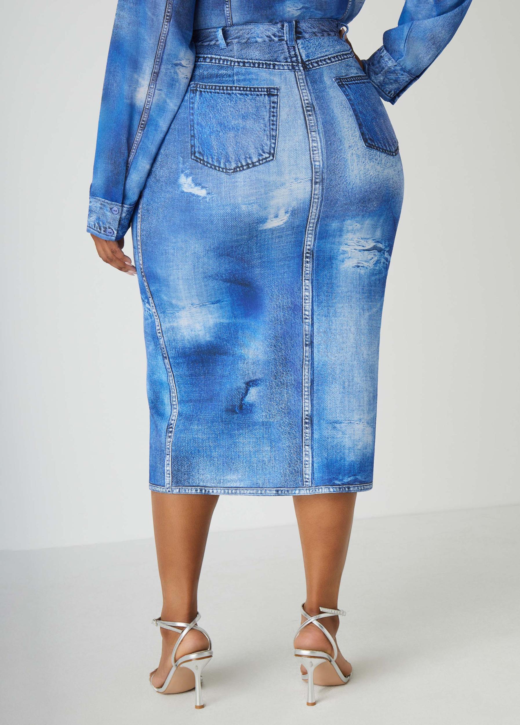 Front Split Denim Print Skirt Product Image