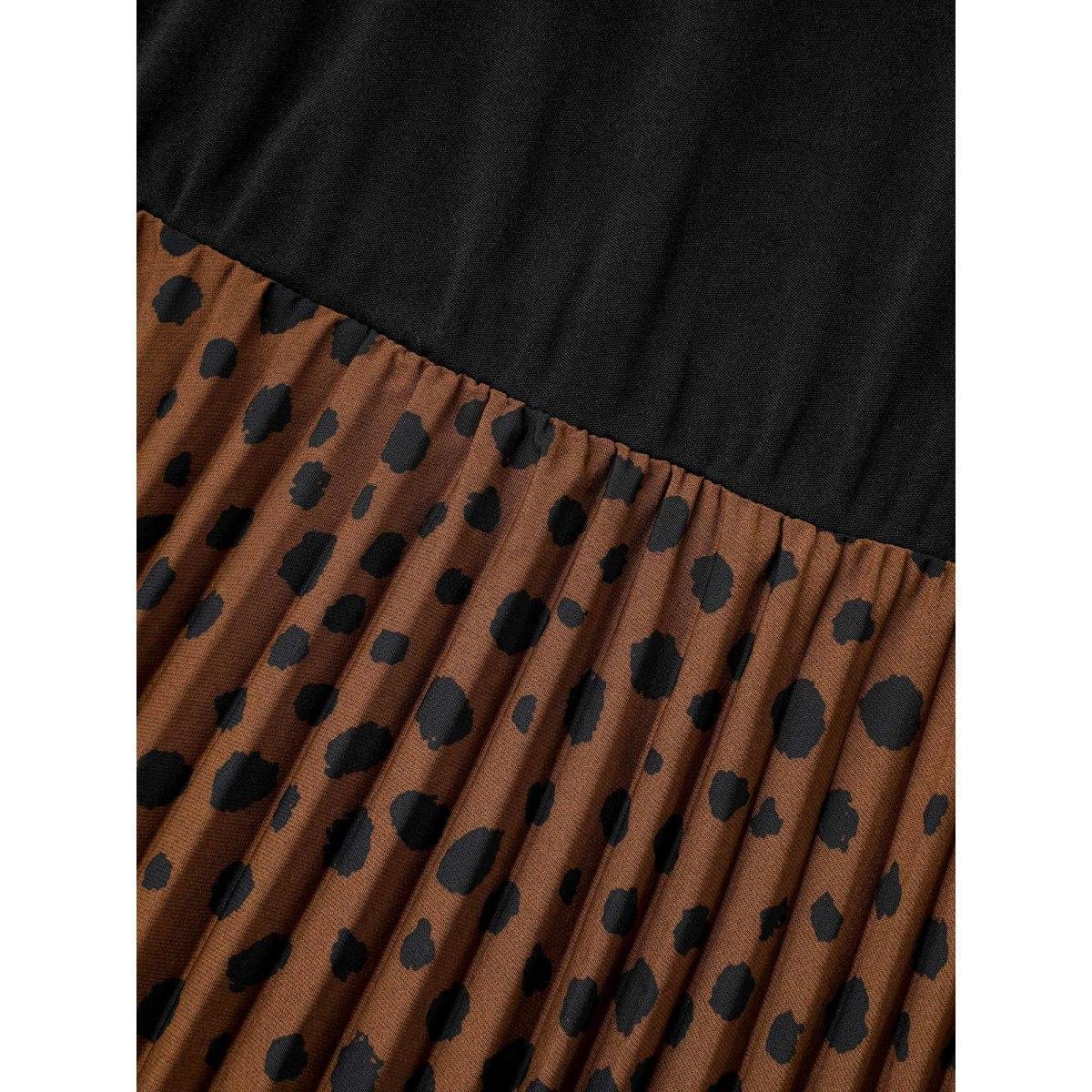 Plus Size Leopard Print Pleated Mock Neck Midi Dress Bronze Women At the Office Belted Mock Neck Long Sleeve Curvy BloomChic 30/6X Product Image