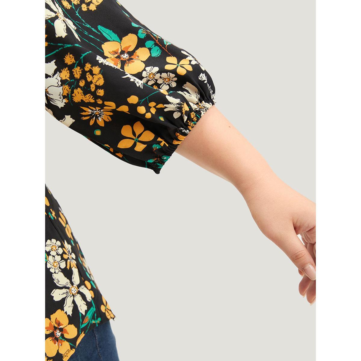 Plus Size Black Floral Print Pleated Notched Lantern Sleeve Blouse Women Elegant Elbow-length sleeve Notched collar Dailywear Blouses BloomChic 10/M Product Image