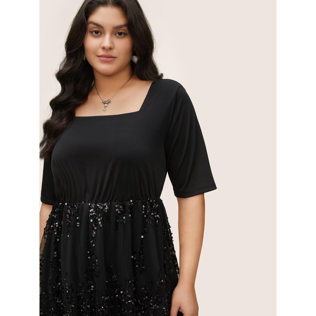 Plus Size Sequin Mesh Patchwork Square Neck Elastic Waist Dress Black Women Cocktail Sequin Square Neck Half Sleeve Curvy Midi Dress BloomChic 18-20/2X Product Image