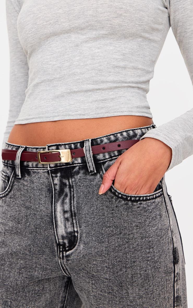 Burgundy PU Square Buckle Skinny Belt Product Image