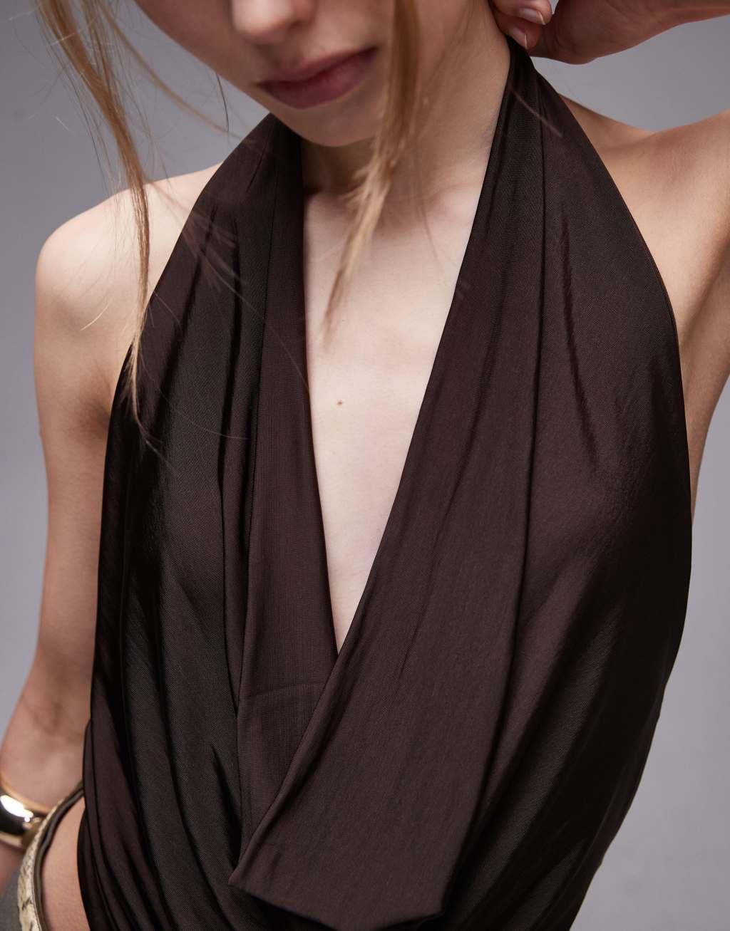 Mango halterneck floaty top in dark brown Product Image