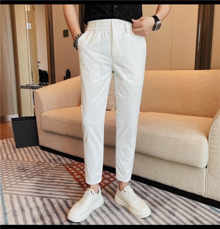 Elastic Waist Plain Cropped Straight Leg Pants Product Image