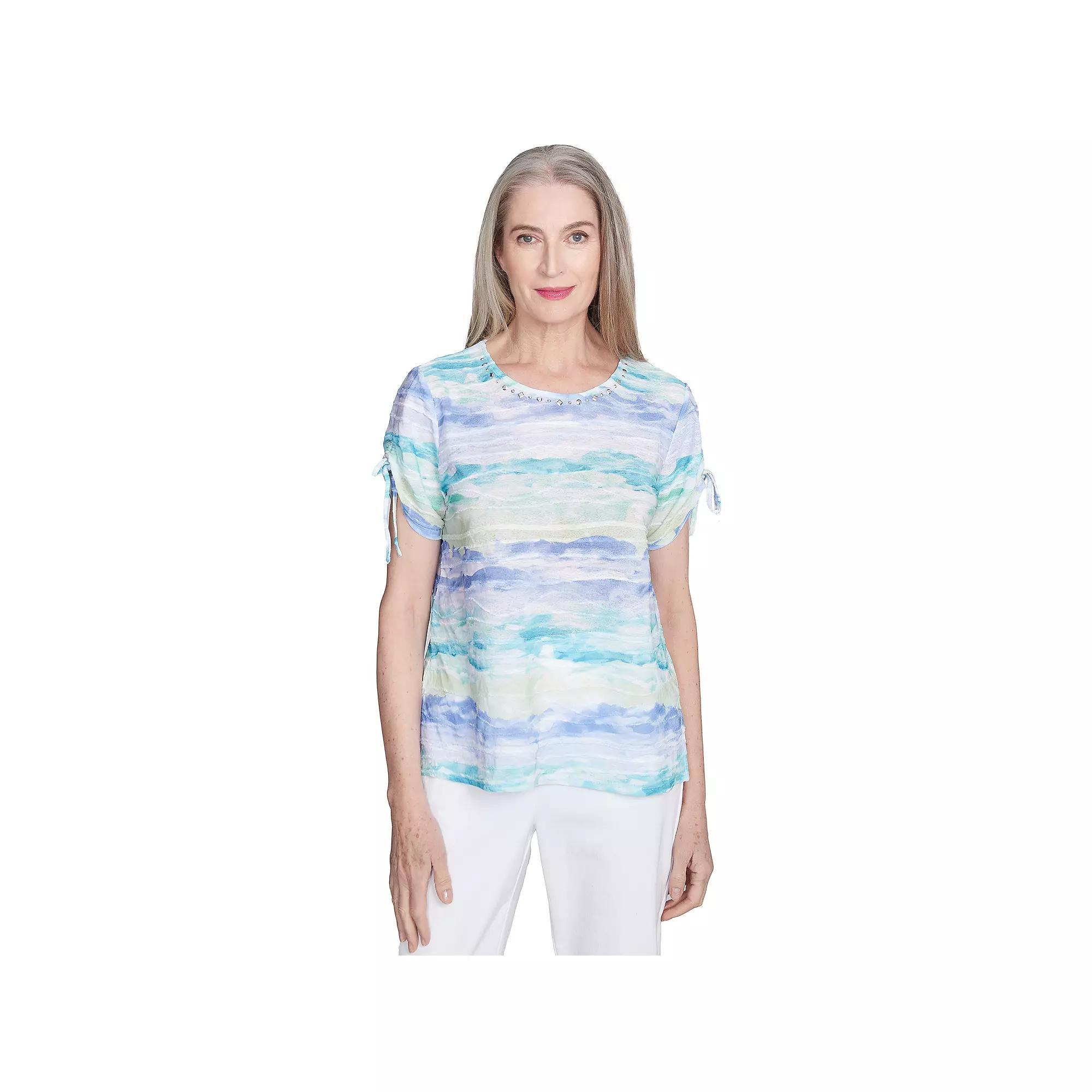 Petite Alfred Dunner Tied Short Sleeve Watercolor Top, Women's, Size: Large Petite, Blue Product Image