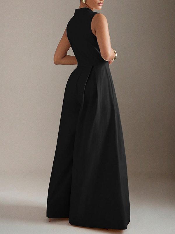 Sleeveless Wide Leg Pleated Solid Color Split-Joint Zipper Round-Neck Jumpsuits Product Image