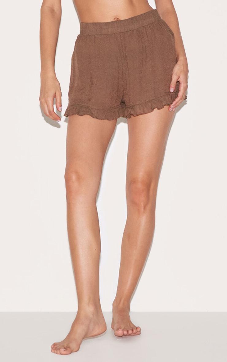 Chocolate Linen Look Frill Edge Shorts Product Image