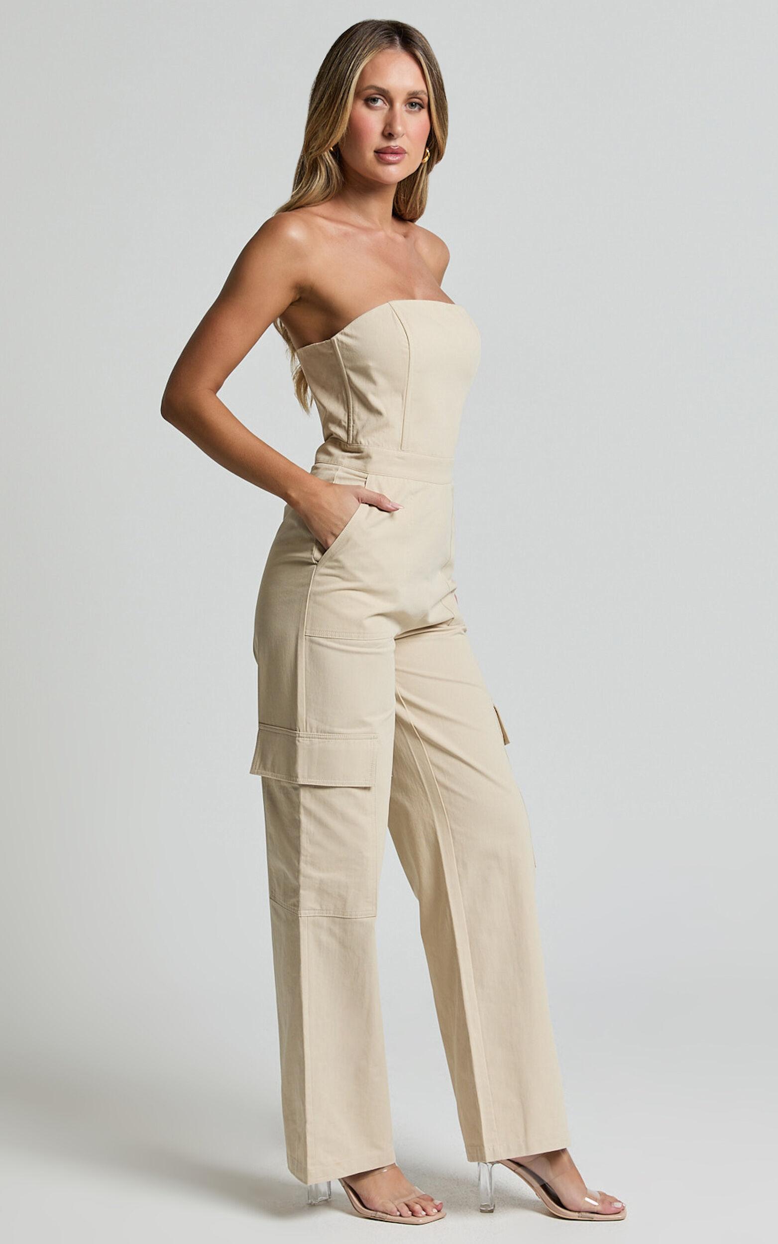 Nellia Jumpsuit - Strapless Straight Leg Cargo Jumpsuit in Stone Product Image