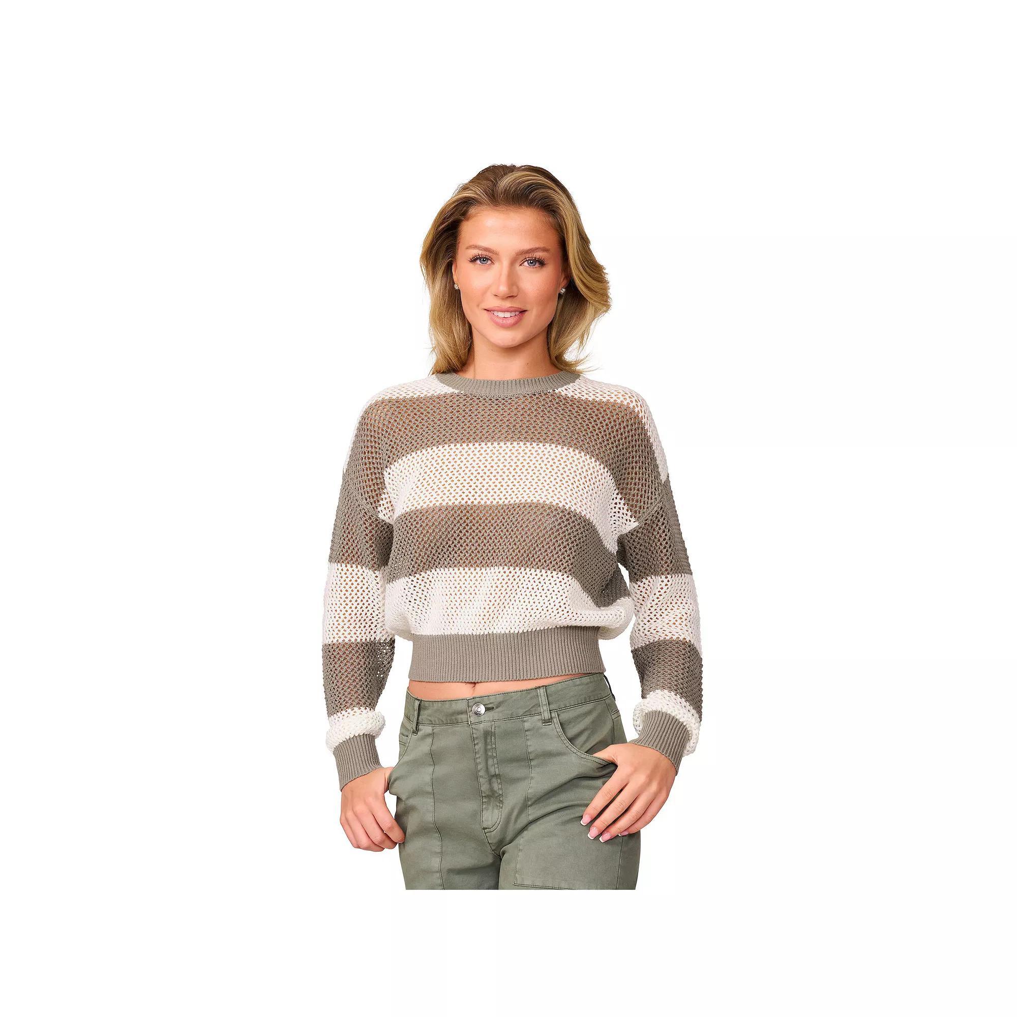 Women's Grey & Gray Open-Stitch Crewneck Sweater, Size: Small, Shadow Stripe Product Image