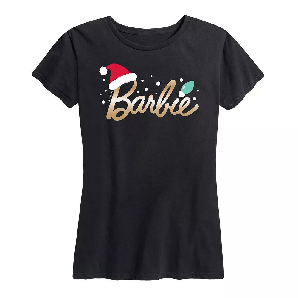 Womens Barbie Logo Santa Hat Graphic Tee, Girls Grey Blue Product Image