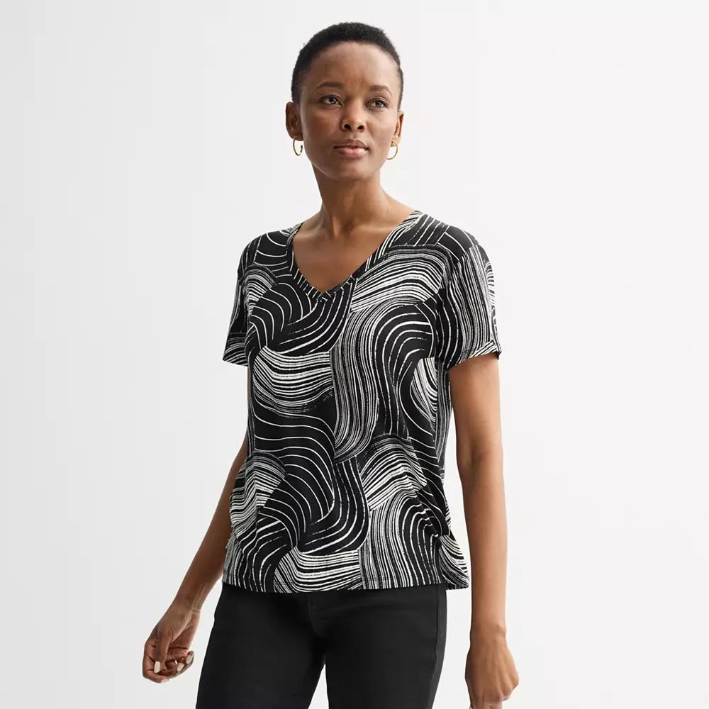 Petite Nine West Essential Short Sleeve V-Neck Tee, Women's, Size: Small Petite, Black Midcomb Abstract Product Image